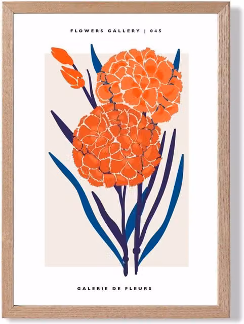 ARTZE Blue and Orange Allium Flower Market Exhibition Framed Print with Oak Frame, A3