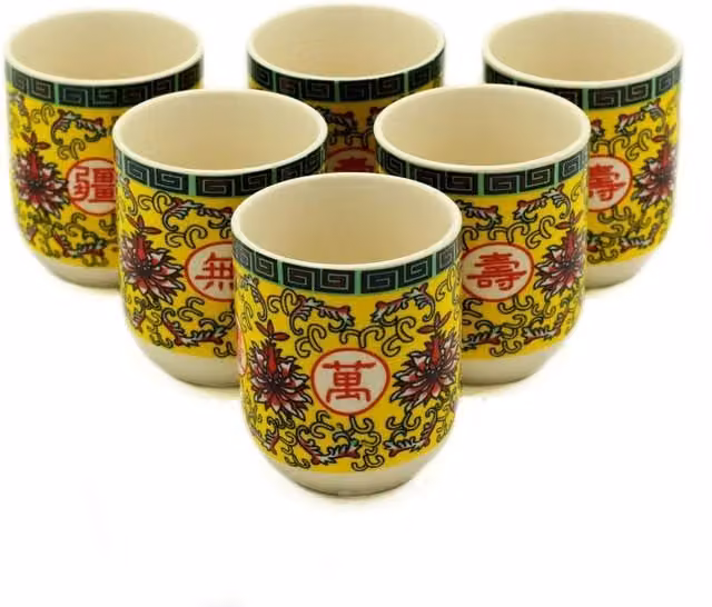 KDMD Ceramic Herbal Tea Cup Set with Long Life Oriental Design in Yellow, 6 Pieces