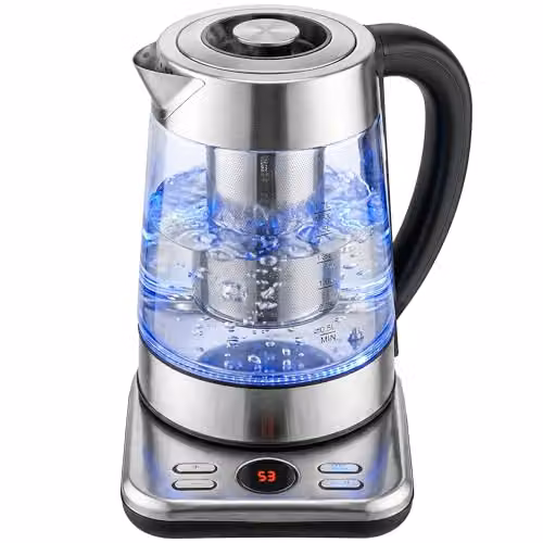 HOMCOM Electric Glass and Stainless Steel Tea Kettle with Sieve, 1.7 l, Silver Tone, 3 kW with PID Control and Keep Warm Function