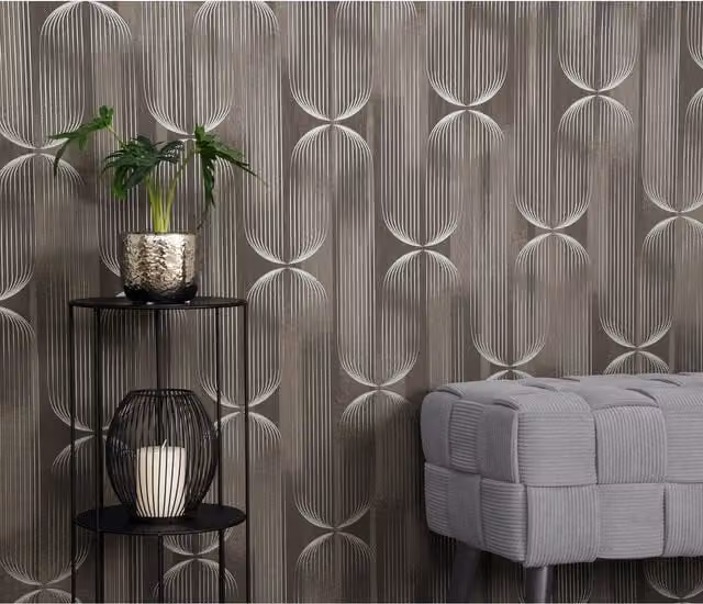 Erismann Orbit Lines Embossed Abstract Geometric Vinyl Wallpaper in Taupe and Grey
