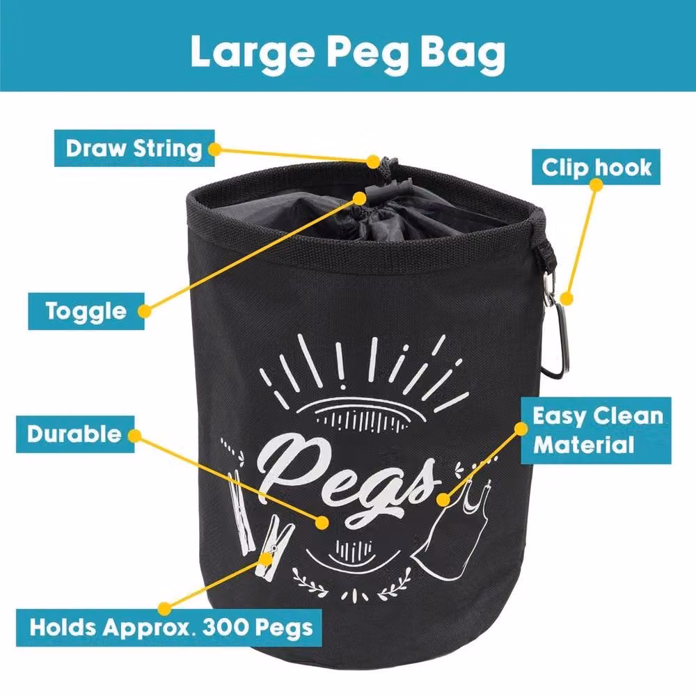 EONLION Large Black Peg Bag with 216 Wooden Dolly Pegs – 4
