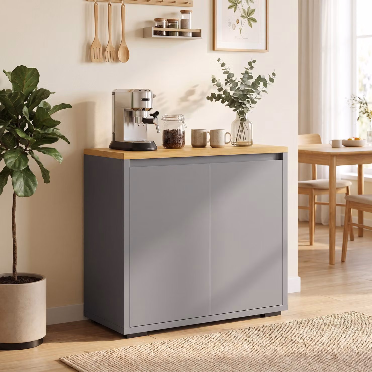 HOMCOM Grey Kitchen Sideboard Storage Cabinet with Double Doors and Adjustable Shelf – 2
