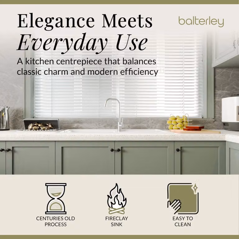 Balterley White Ceramic 1 Bowl Inset Countertop Kitchen Sink W: 101 cm, D: 52.5 cm
