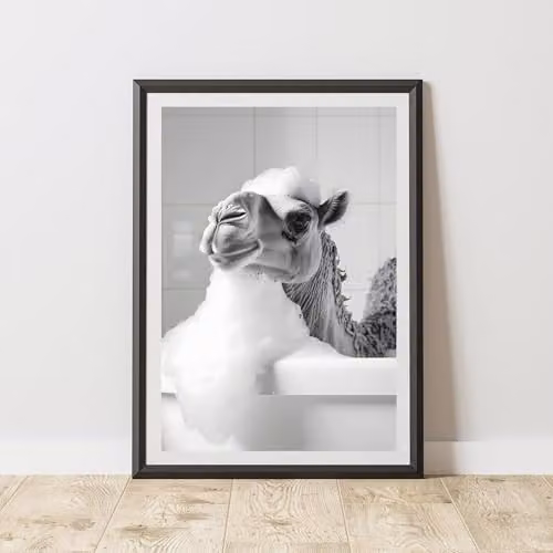 60 SECOND MAKEOVER Camel In The Bath Animal Print Paper Poster, W: 21.0 cm, H: 29.7 cm, Black, White and Grey