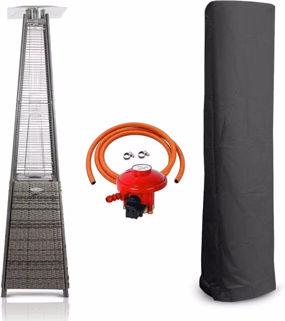 BU-KO 13kW Pyramid Style Patio Gas Heater with Wheels and Cover in Grey Rattan