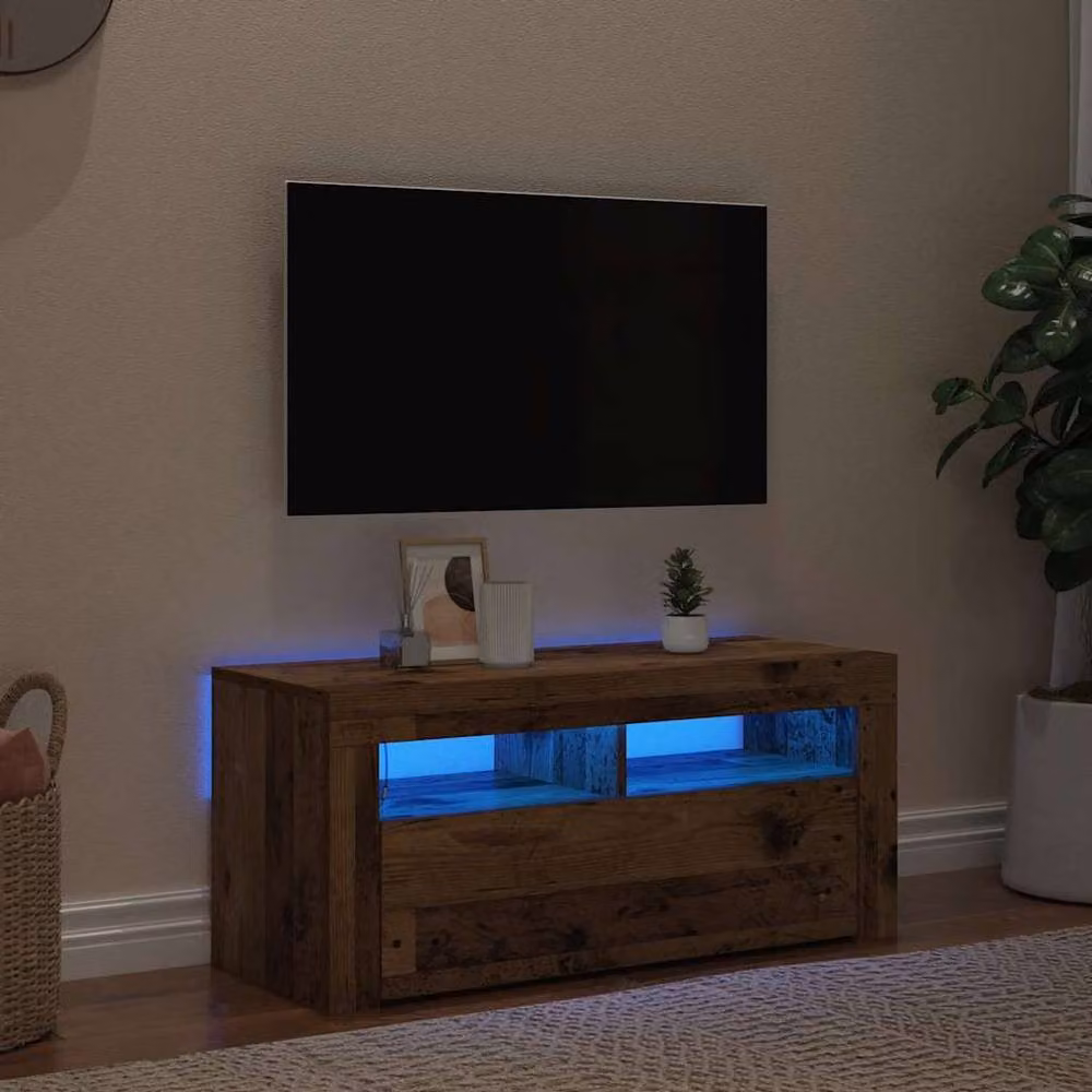 Berkfield Home Modern TV Cabinet with LED Lights in Old Wood Brown, W/D/H: 90 x 35 x 40 cm – 3