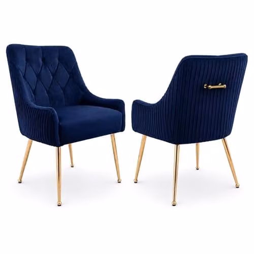 Hygrad Built to Survive Set of 2 Modern Upholstered Velvet Dining Chairs in Blue with Gold Metal Legs