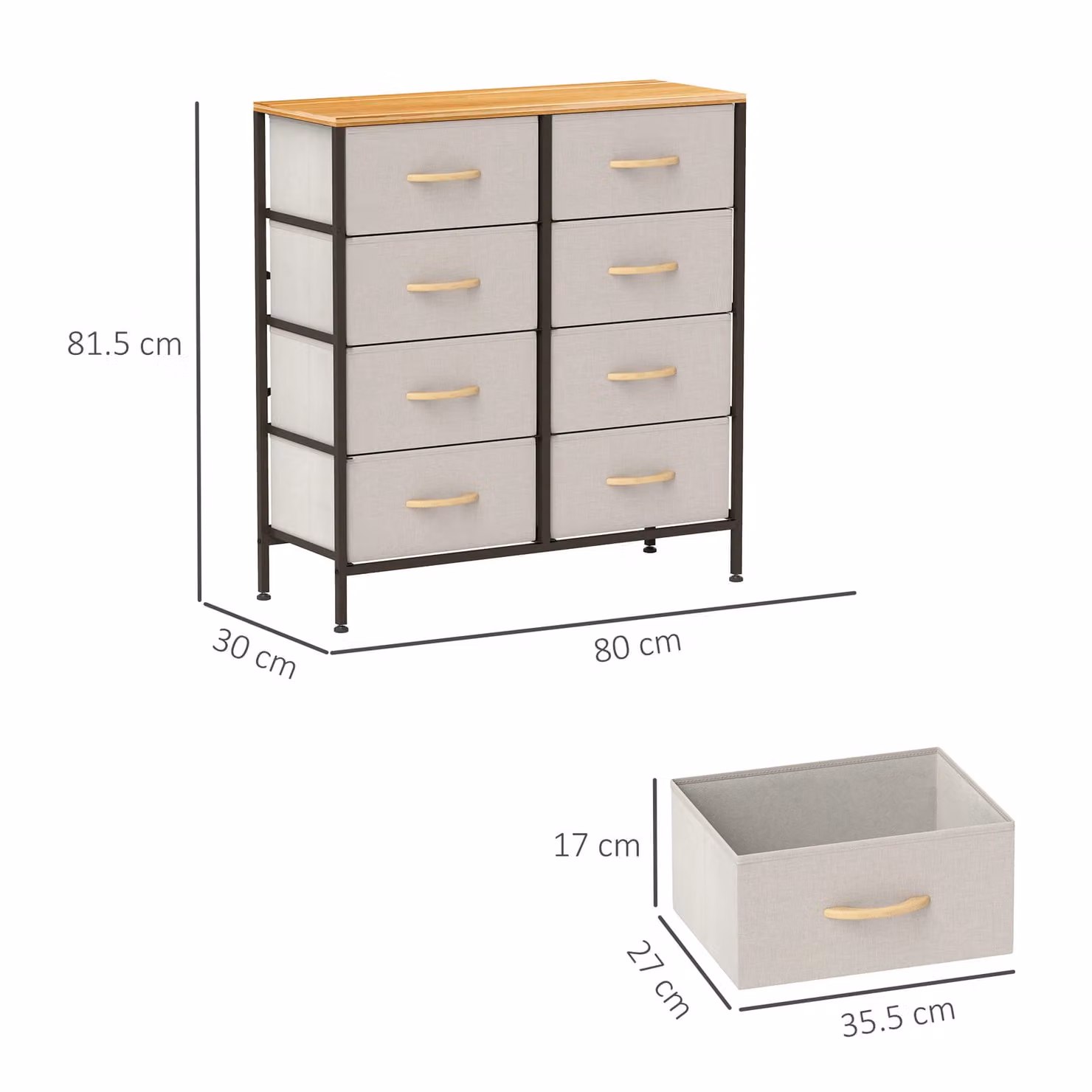 HOMCOM Industrial Fabric Chest of Drawers with 8 Drawers, Steel Frame and Wooden Top in Cream White – 3
