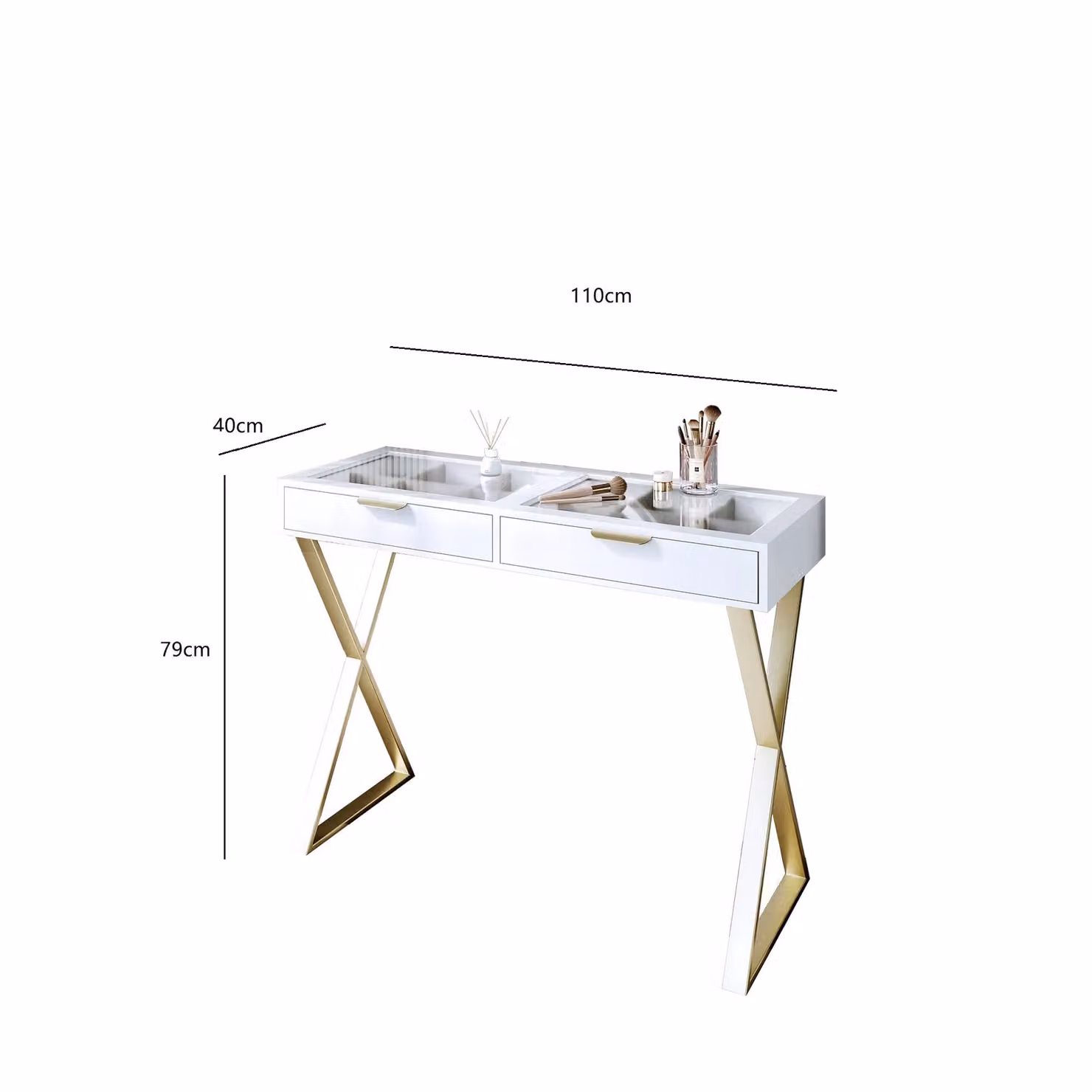 CARME HOME Jess Glasstop White Dressing Table with 2 Drawers and Gold X-shaped Legs – 3