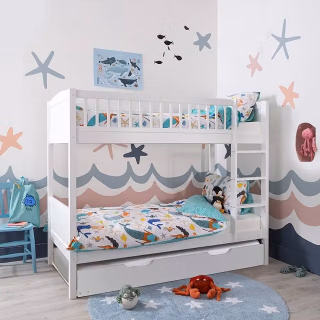 Noa and Nani Lottie Modern Two-Level Bunk Bed in White Lacquered Pine with Drawers