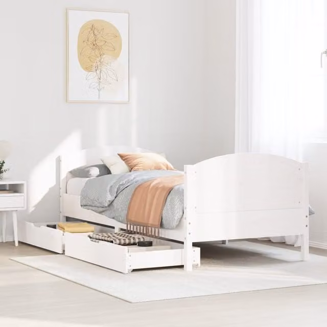Berkfield Home White Rustic Solid Wood Pine Bed Frame with Drawers W/D/H: 100 x 200 cm