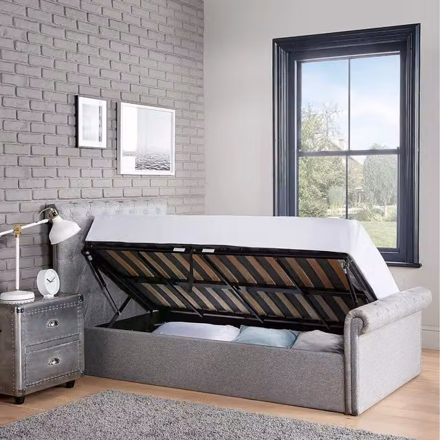 Home Treats Grey Upholstered Sleigh Bed with Ottoman Side Lift Storage, Single, W/D/H: 90 x 200 cm