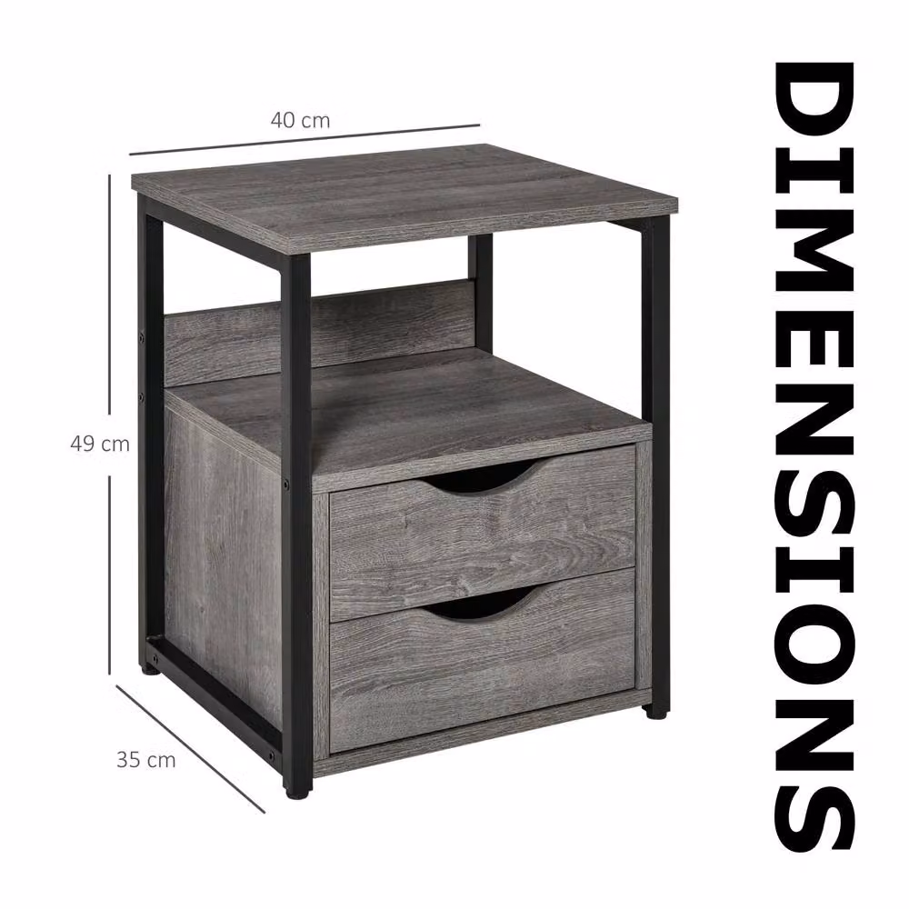 Pirlo Plush Industrial Bedside Table with 2 Drawers and Shelf, Grey and Black – 6