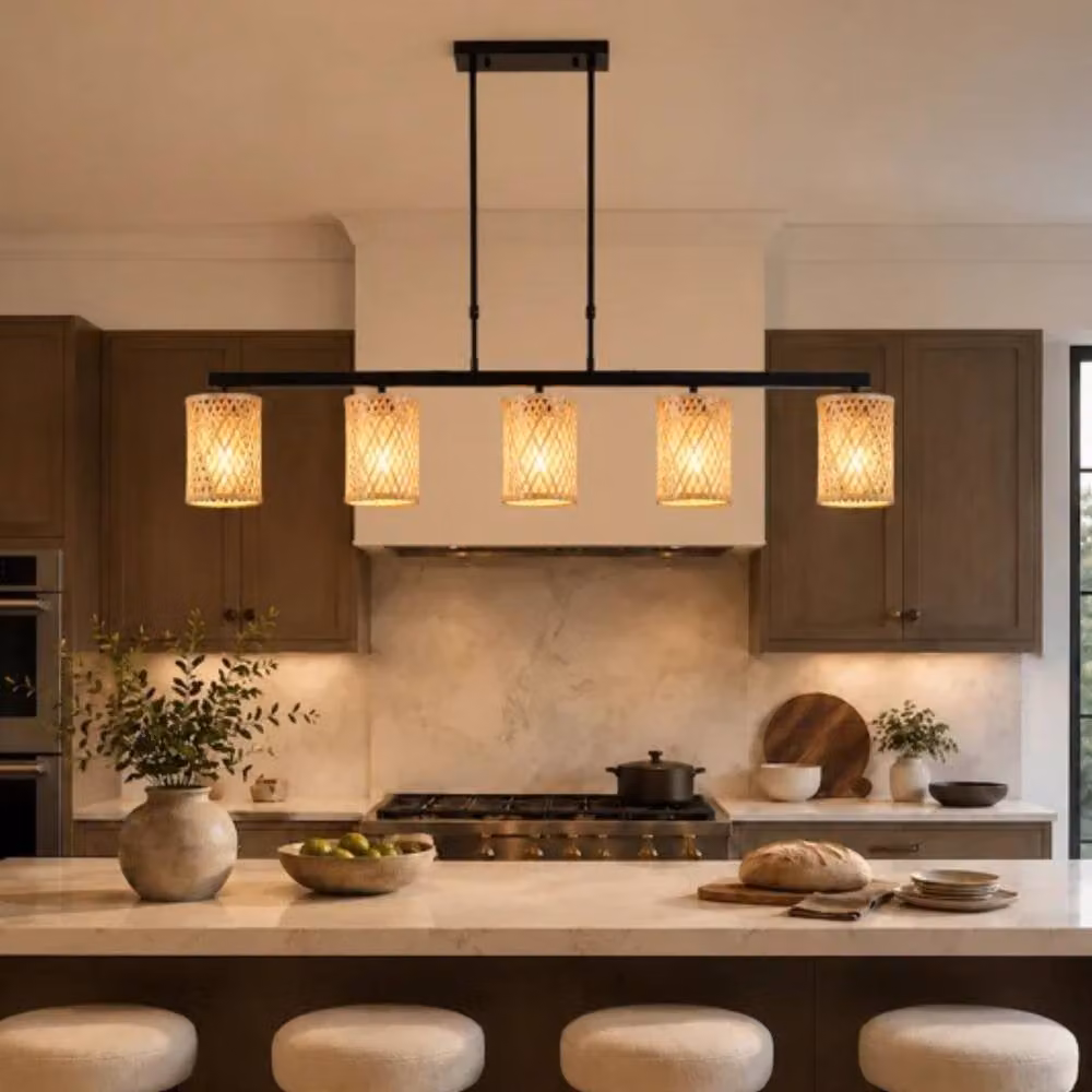 Garwarm 5-Light Rattan Farmhouse Boho Linear Kitchen Island Pendant Light in Brown and Multicolour – 2
