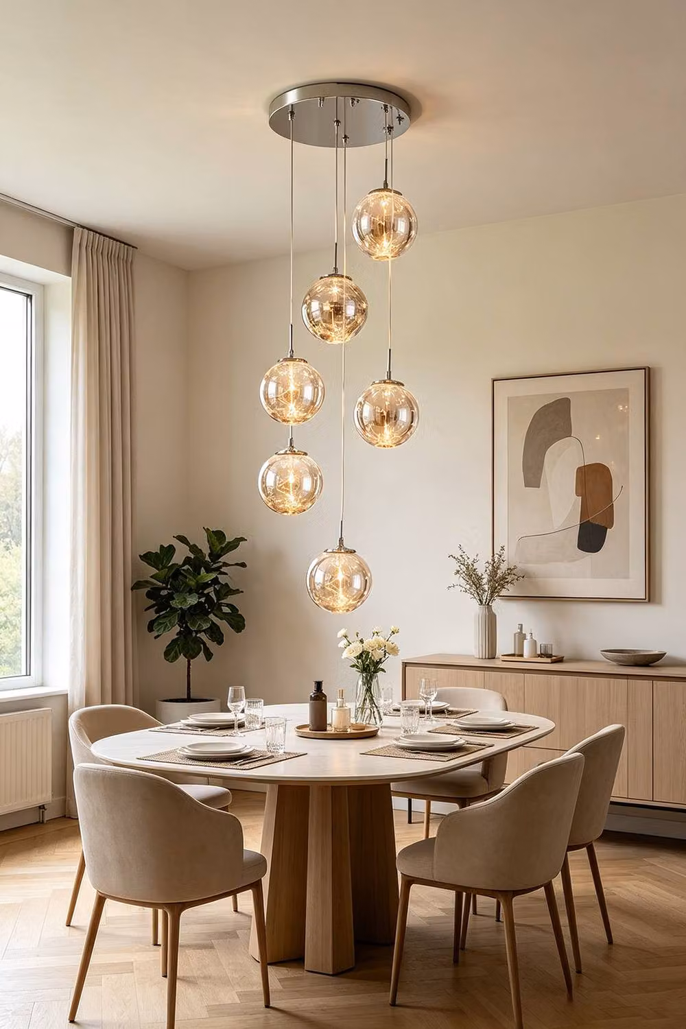 Living and Home Modern Six-Head Suspended Pendant Light Chandelier in Silver with Transparent Glass Spheres – 2