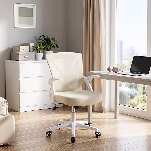Yaheetech Ergonomic Adjustable Desk Chair in Beige and White Fabric with Armrests and Castors