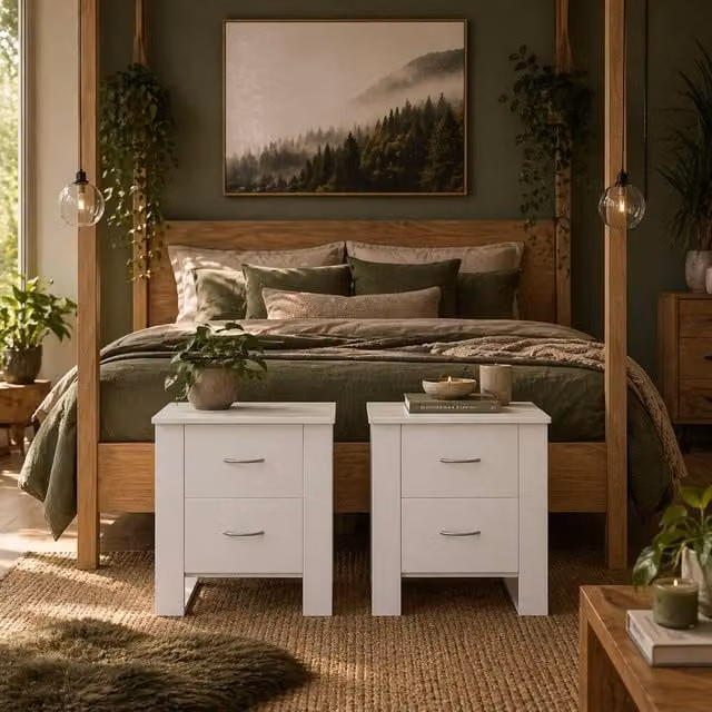Wyld Haus Zivika Momo Set of 2 White Bedside Tables with 2 Drawers and Silver Handles – 1