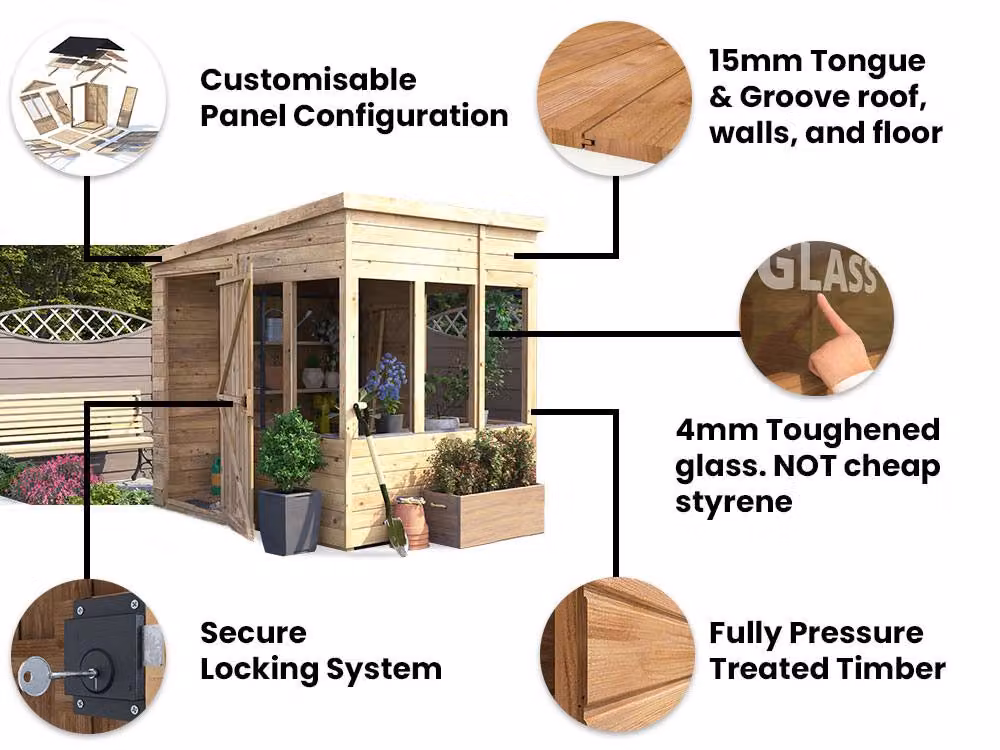 Dunster House Wooden Potting Shed with Pent Roof in Brown, H: 220.0 cm x W: 243.8 cm x D: 194.0 cm – 5