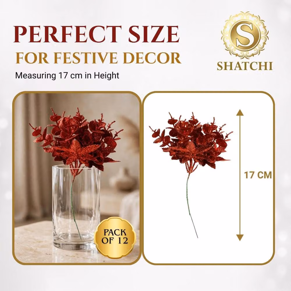 Shatchi Red Glitter Eucalyptus and Maple Leaf Pick, 12 Pack, Height: 17 cm – 3