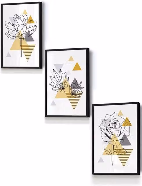 ARTZE Geometric Yellow and Grey Botanical Framed Wall Art in Black, W: 33 cm, H: 45 cm, D: 2 cm