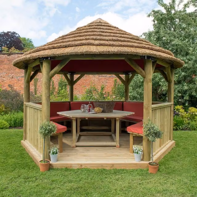 Forest Hexagonal Garden Gazebo with Red Canvas and Reed Thatch Roof, Rustic Pine and Steel Construction, 4 m