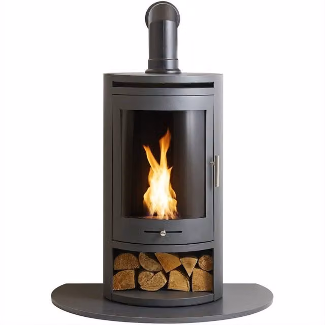 OKO S5 Bio Ethanol Cylinder Stove with Angled Stove Pipe and Truncated Hearth in Grey – 1
