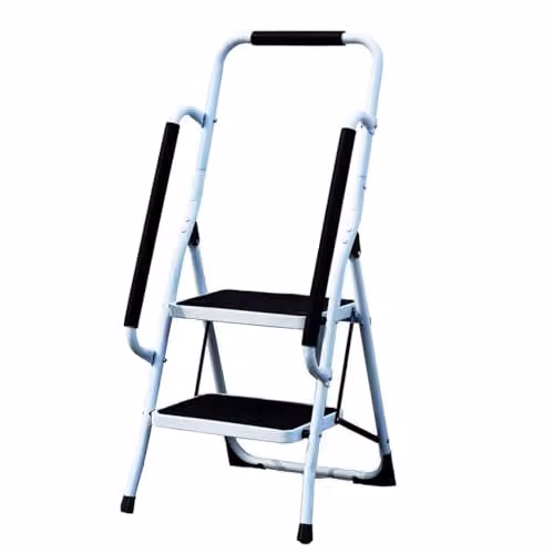 Gr8 Home 2 Step Folding Steel Ladder with Safety Grab Rail in White