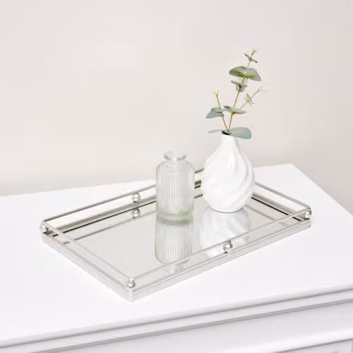 Melody Maison Silver Rectangular Mirrored Display Tray, W/D/H: 36.0 x 22.0 x 5.5 cm