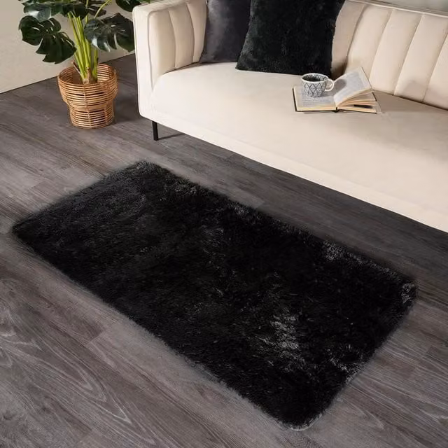Sienna Black Shaggy Fluffy Rectangular Floor Mat Width: 80 cm