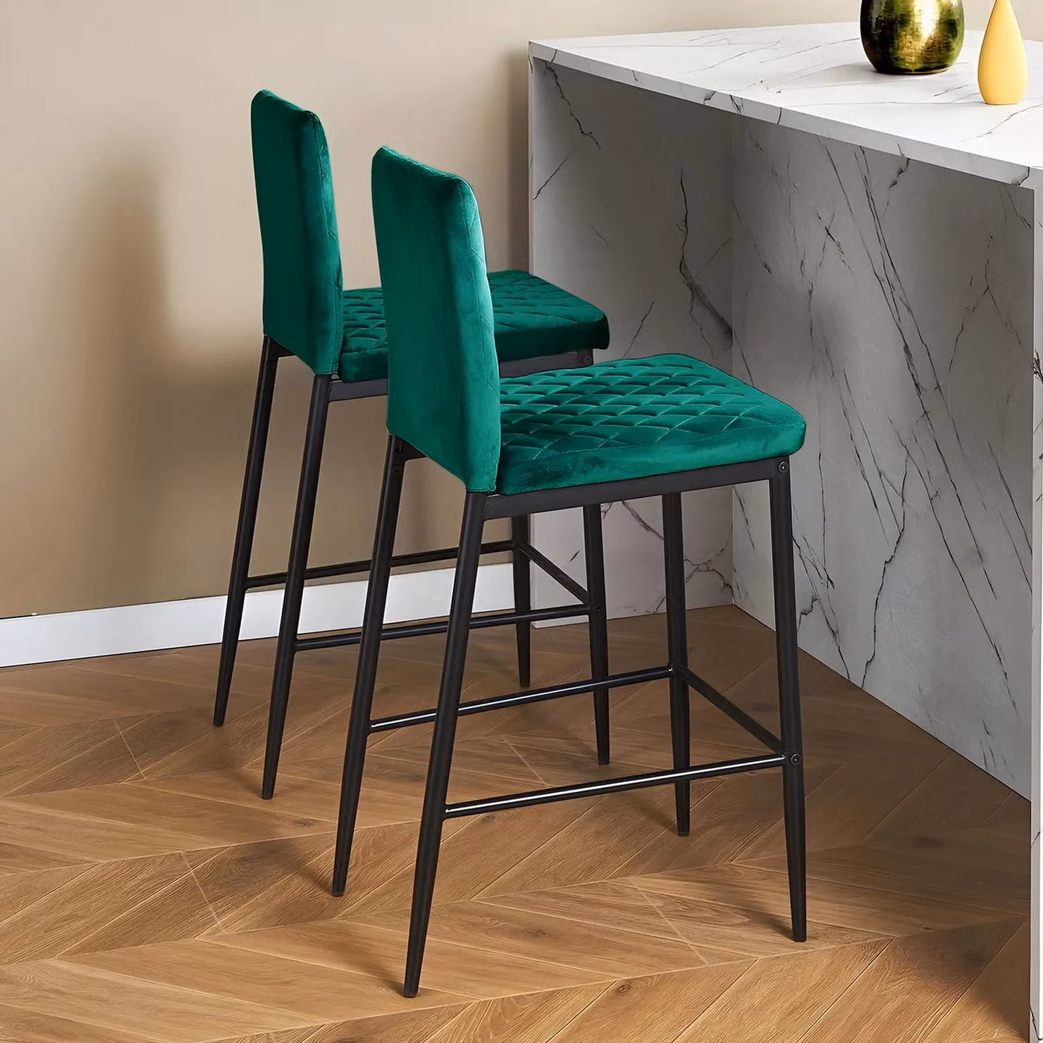 Living and Home Set of 2 Modern Green Velvet Upholstered Bar Stools with Black Metal Frames – 2