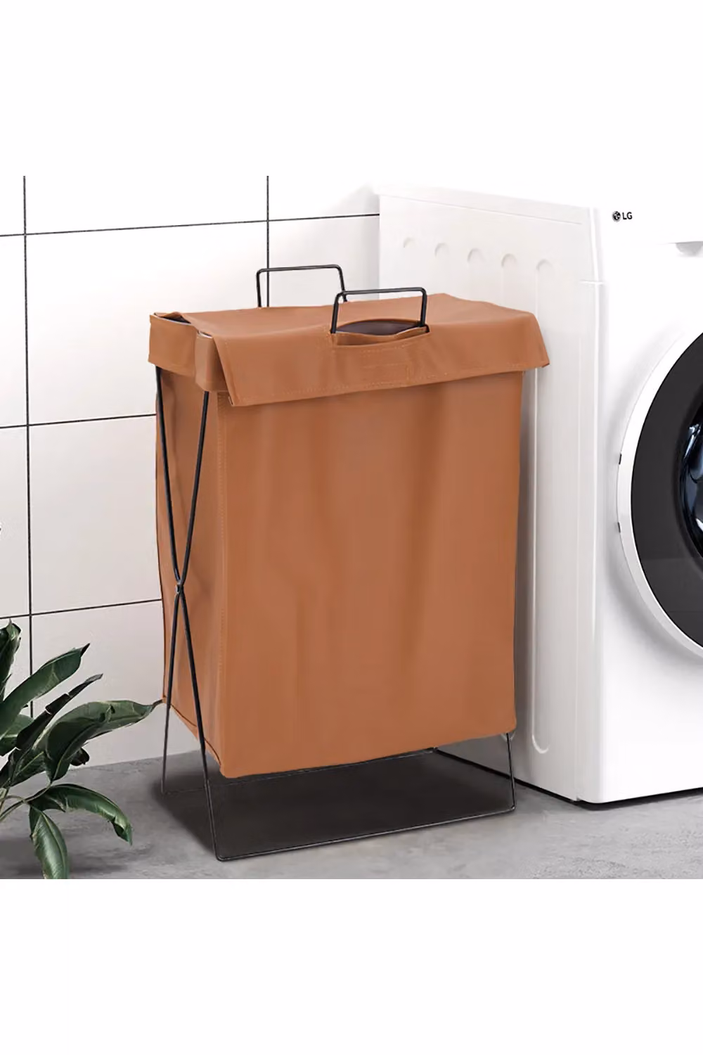 Living and Home Collapsible PU Leather Laundry Hamper with Metal Frame, Brown – 2