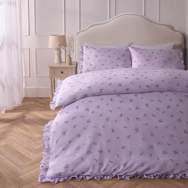 OHS Vintage Floral Frill Duvet Cover Set in Purple and Green, 140 x 200 cm