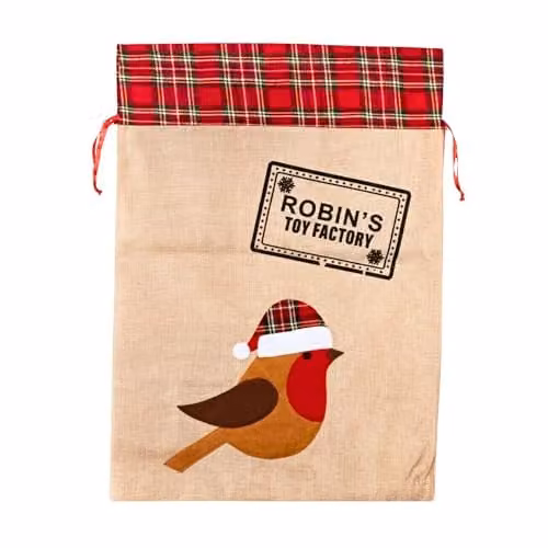 Shatchi Large Robin Santa Sack in Multicolour Burlap Hessian Linen, W/D/H: 70 x 50 x 50 cm