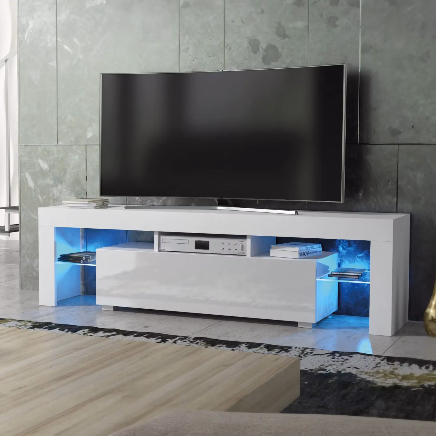 Mex Furniture LTD Modern Glossy White TV Unit with LED Lighting, W: 160 cm, D: 35 cm, H: 45 cm – 4