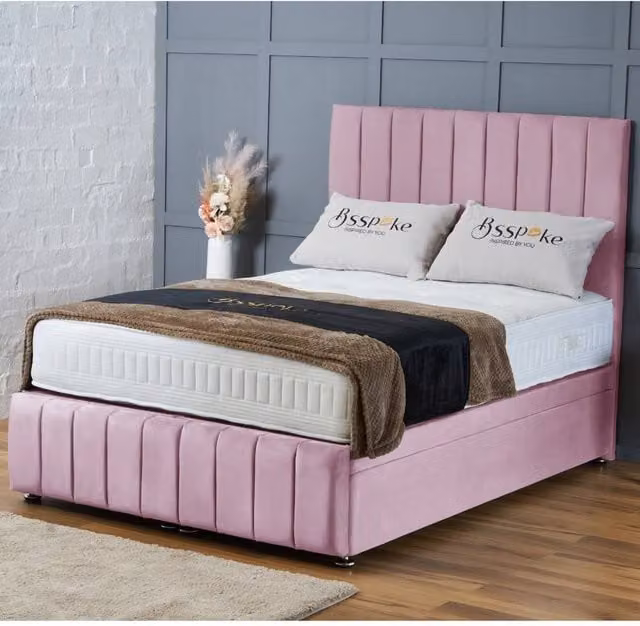 BSSPOKE Sierra Ottoman Divan Bed in Pink Plush Velvet with 54 inch Headboard, W/D/H: 140 x 200 cm