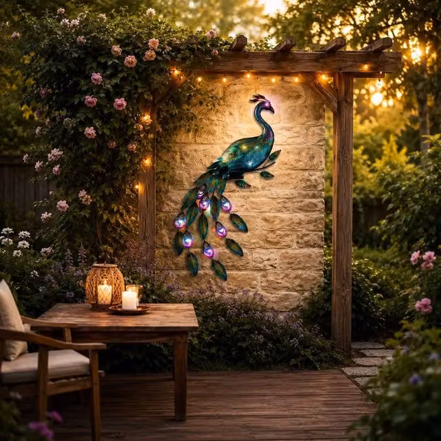 SPOT ON DEALZ Solar Powered Multicolour LED Peacock Metal Wall Art for Garden and Balcony Decor – 1