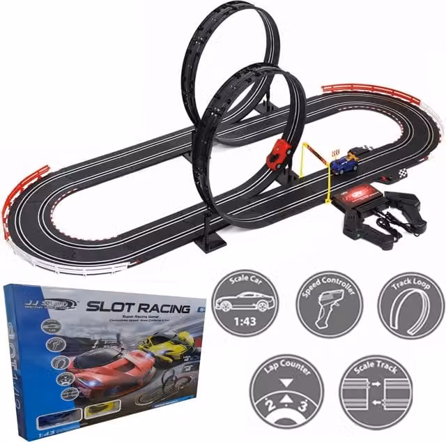Rexco 1:43 Scale Electric Remote Control Slot Car Racing Track Set in Black