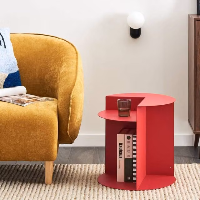Wyld and Coco Red Round Geometric Iron Side Table with Open Side and Built-In Shelf, W/D/H: 45 x 40 x 8 cm – 1