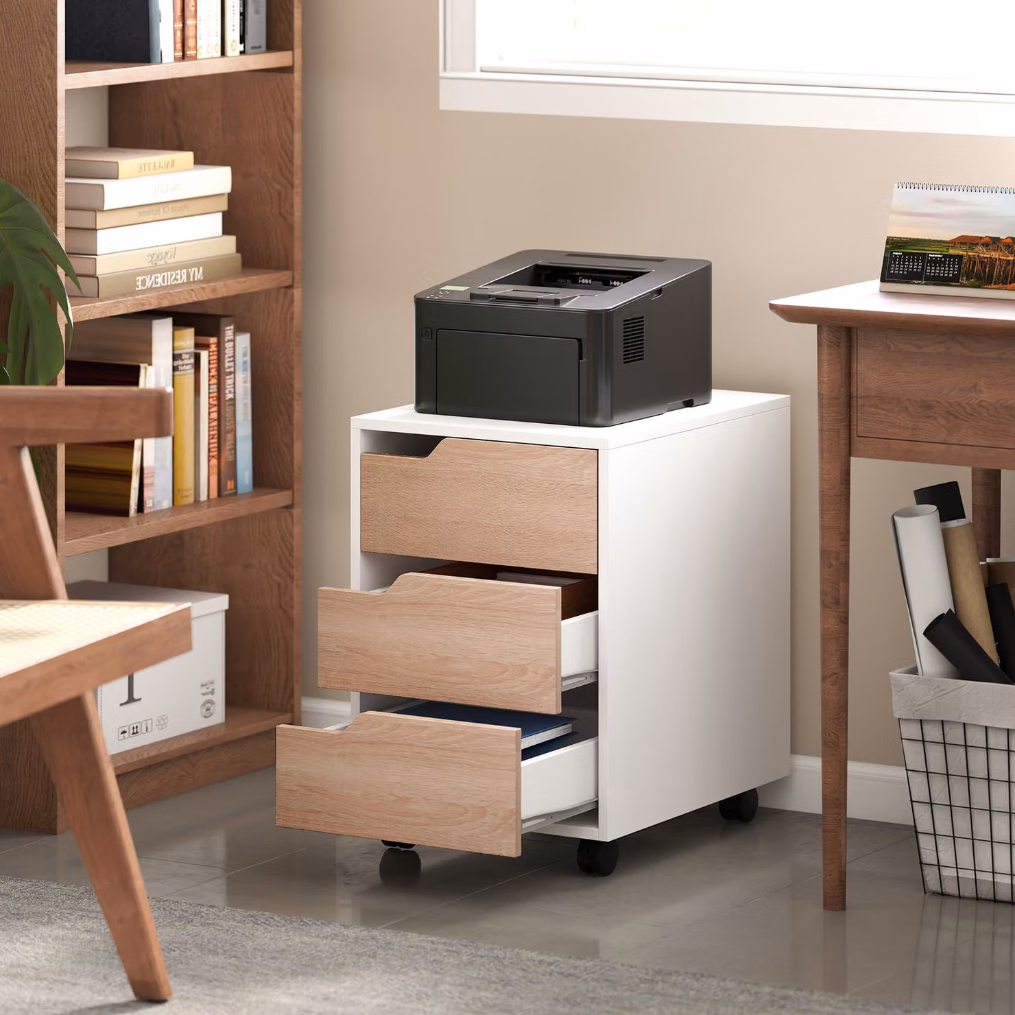 HOMCOM Mobile File Cabinet with 3 Lockable Drawers, Oak and White MDF Office Storage Unit – 3