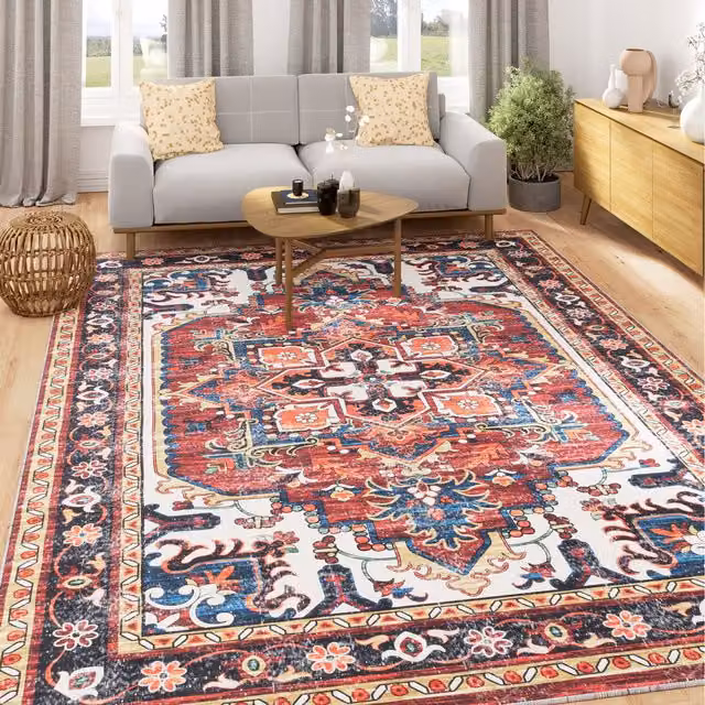 The Rug House Terracotta Traditional Washable Oriental Rug in Red and Blue, 80 cm