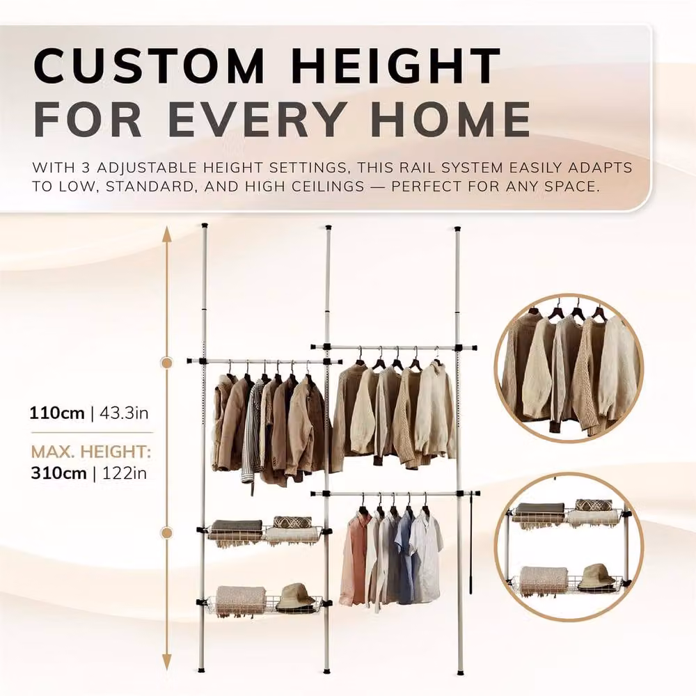 VOGREX White Metal Floor Standing Clothes Rail with Baskets – 2