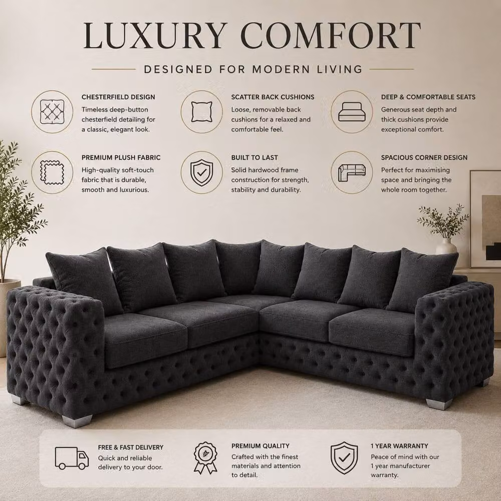 Stratus Interiors Ashley Chesterfield 3 Seater Scatter Back Sofa in Dark Grey Plush Velvet – 3
