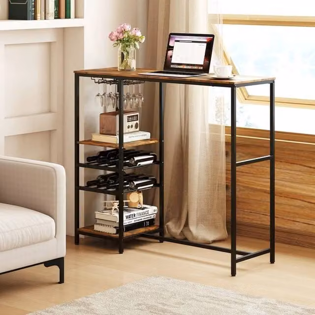 FORGEVIO Industrial Rectangular Dining Table with Storage Shelves in Brown, W/D/H: 121 x 90 x 105 cm