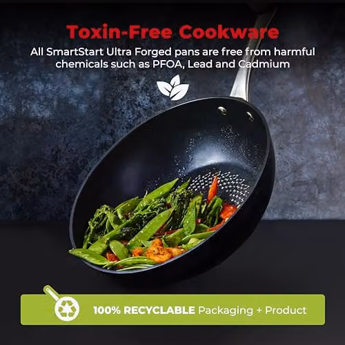 Tower SmartStart Ultra Forged 28cm Aluminium Wok with Aeroglide Non-Stick Coating, Black and Silver, Induction Compatible and Oven Safe – 4