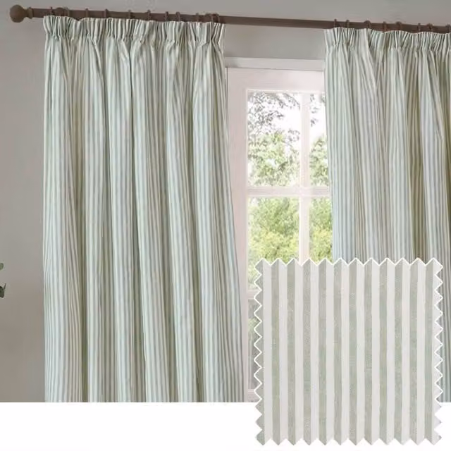 Yard Hebden Green Striped 100% Cotton Blackout Pencil Pleat Curtain Pair, Width: 168 cm, Drop: 229 cm