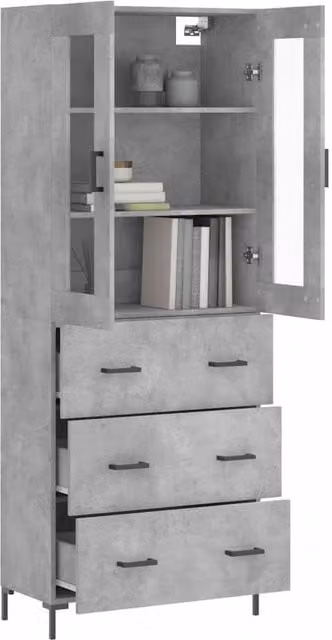 Berkfield Home Highboard in Concrete Grey with Glass Doors, W/D/H: 69.5 x 34 x 180 cm