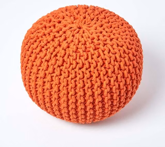 Homescapes Round Cotton Knitted Pouffe in Orange, Diameter: 40 cm