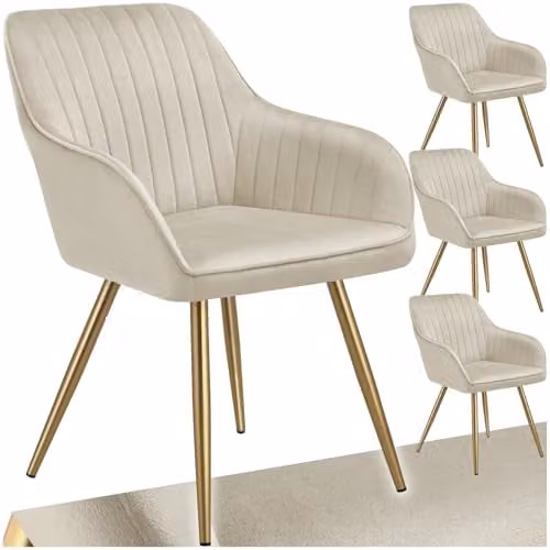tectake Marilyn Set of 4 Modern Dining Chairs with Velvet Fabric and Gold Metal Legs in Cream/Gold – 1