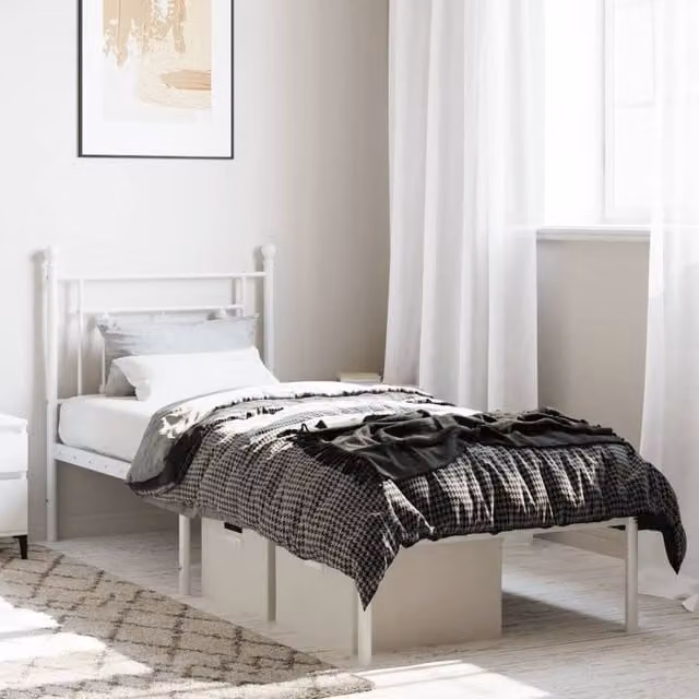 Berkfield Home Metal Bed Frame with Headboard in White, W/D/H: 75 x 190 cm – 1