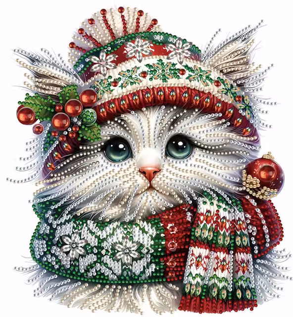 Syntego Christmas Kitten Diamond Art Canvas Painting in Multicolour and White